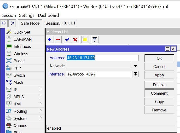 Go to IP &ndash;&gt; Address List. Then add a new address for your VLAN. If the last usable IP is .174, then assign that to the VLAN. You cannot assign the AT&amp;T Gateway as the IP address here.